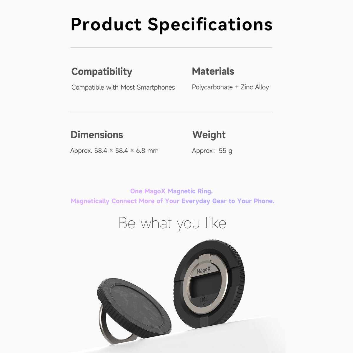MagoX Magnetic Ring product specifications, compatibility, polycarbonate and zinc alloy materials, dimensions and weight.