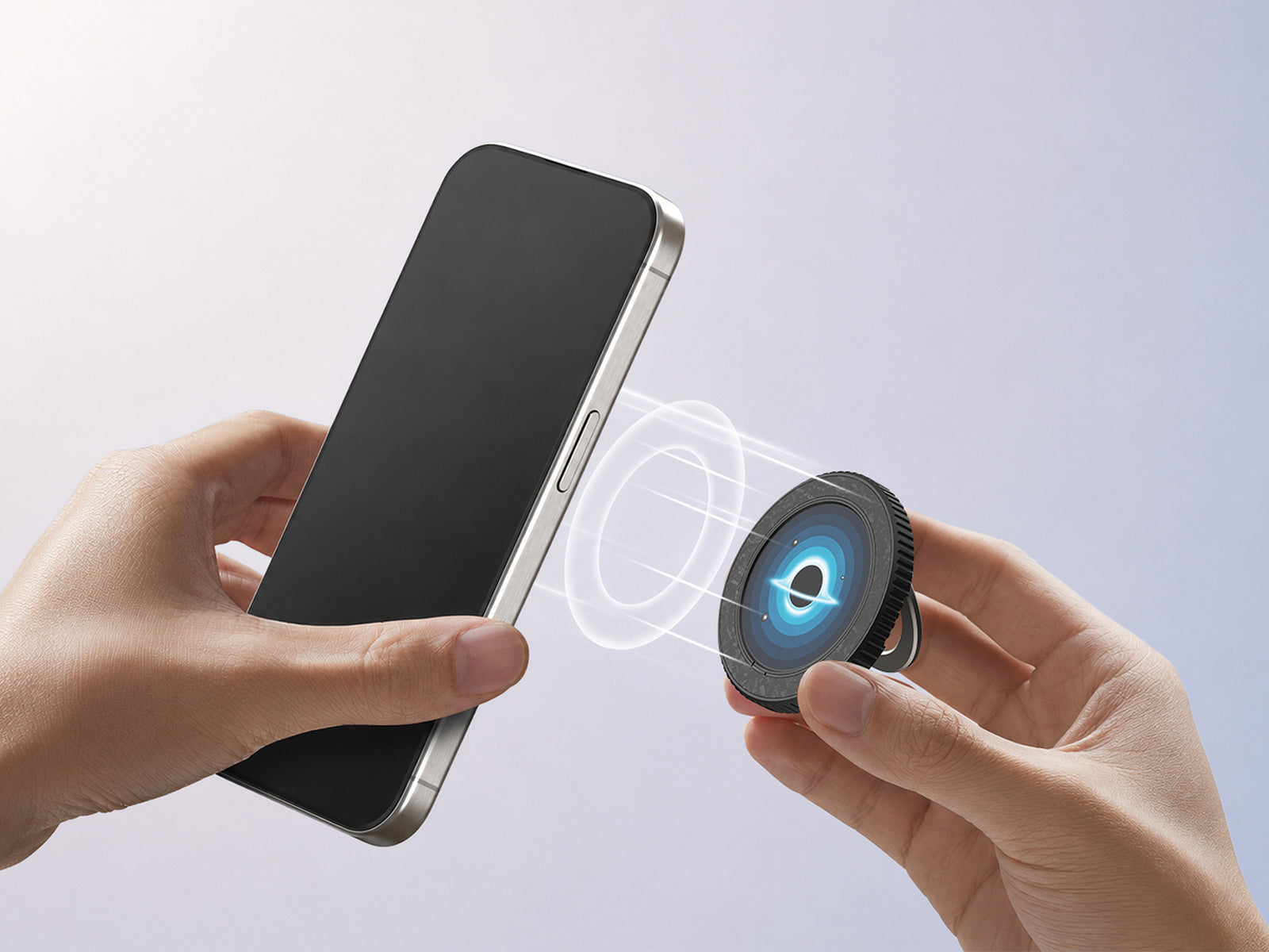 MagoX attaching magnetically to a compatible phone or magnetic ring plate