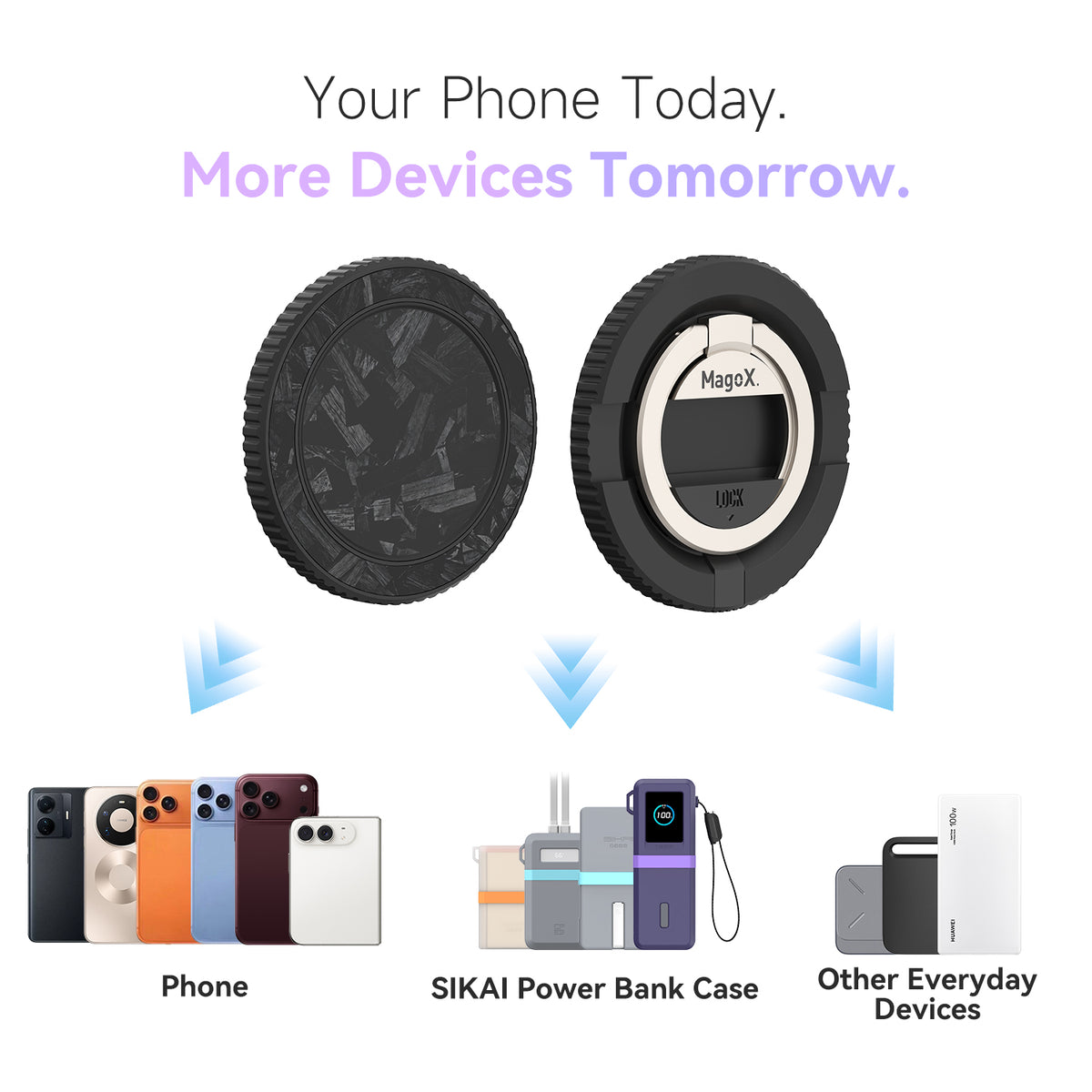 MagoX Magnetic Ring connects a phone, SIKAI power bank case and other compatible everyday devices.
