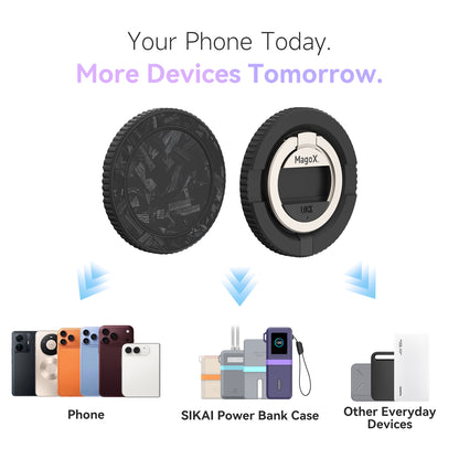 MagoX Magnetic Ring connects a phone, SIKAI power bank case and other compatible everyday devices.