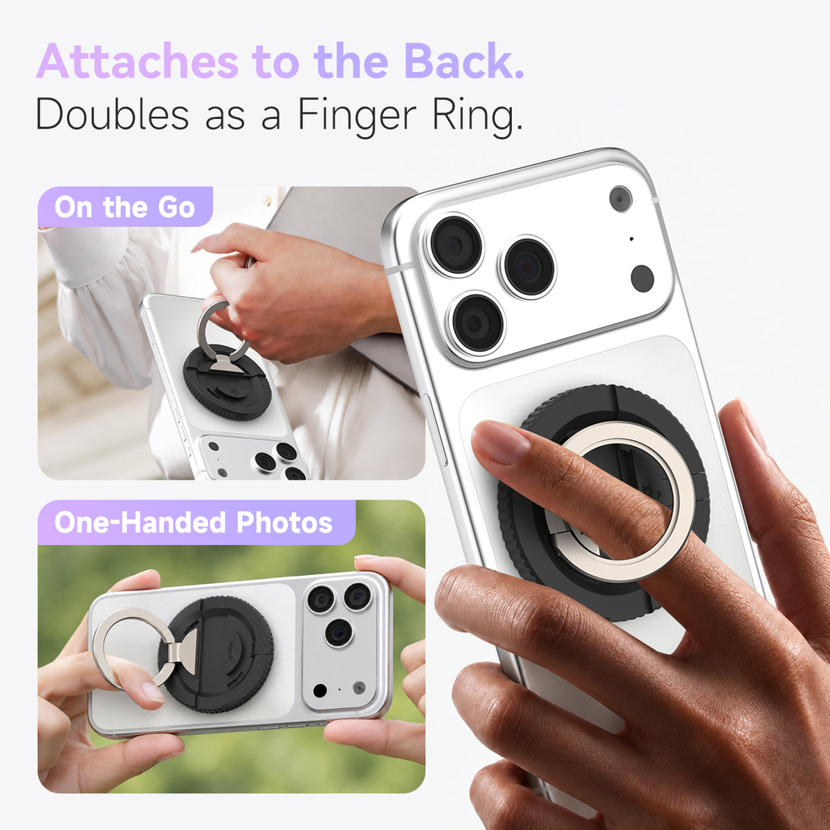 MagoX Magnetic Ring doubles as a finger ring for a secure one-handed phone grip and easier photos.
