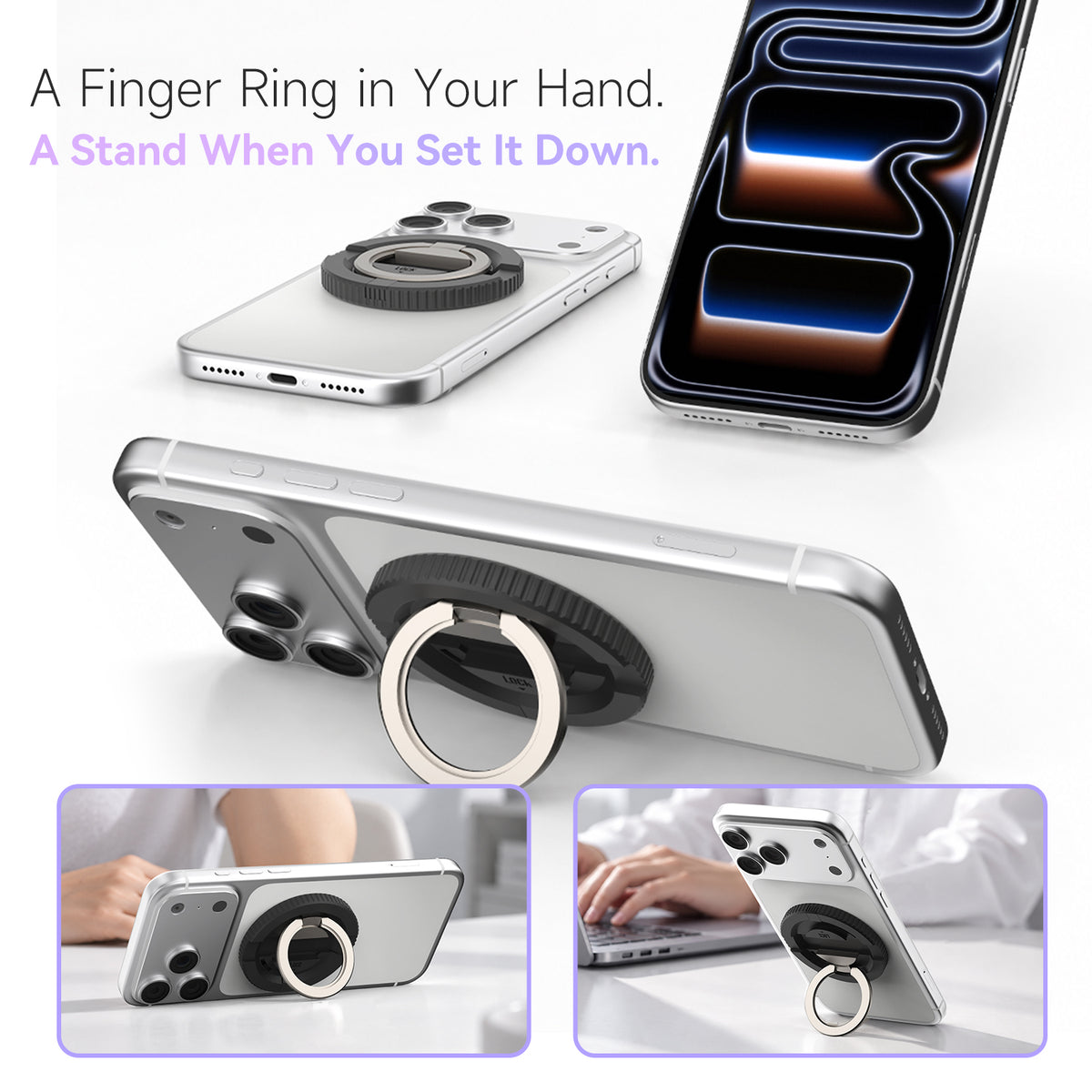 MagoX Magnetic Ring folds out to support a phone as a stand for hands-free viewing.