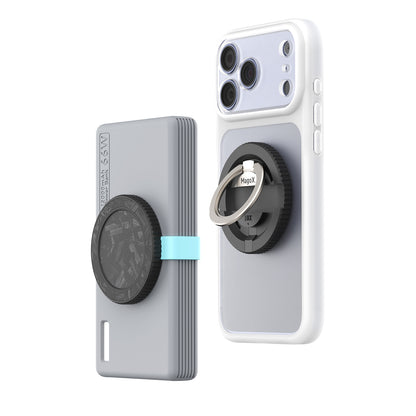 MagoX Magnetic Ring phone holder attached to the back of a smartphone, featuring a compact black magnetic ring design.