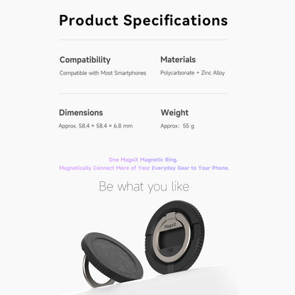 MagoX Magnetic Ring product specifications, compatibility, polycarbonate and zinc alloy materials, dimensions and weight.