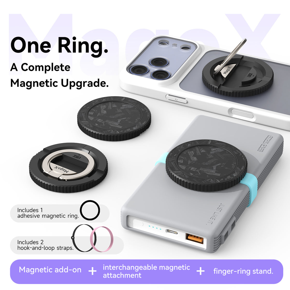 MagoX Magnetic Ring magnetic upgrade kit with adhesive magnetic ring and two hook-and-loop straps.