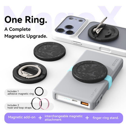 MagoX Magnetic Ring magnetic upgrade kit with adhesive magnetic ring and two hook-and-loop straps.